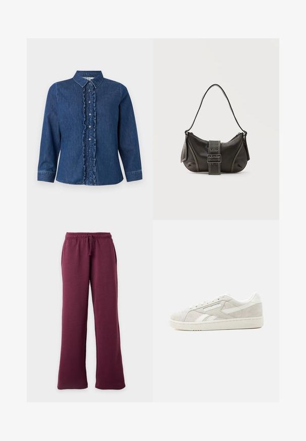 Jeanshemd mit langen Ärmeln, dunkelblauer Farbe, gerüschtem Vorderblendenverschluss, Knopfverschluss und klassischem Kragendesign.; Weinrote Jogginghose mit weitem Bein, elastischem Bund und Kordelzug, Fronttaschen, vor hellem einfarbigem Hintergrund dargestellt.; Hellgrauer Veloursleder-Sneaker in niedrigem Schnitt mit weißen Akzenten, Schnürsenkeln und strukturierter Sohle vor hellem, einfarbigem Hintergrund.; Schwarze Leder-Schultertasche mit Schnallengurt-Detail, abgerundeten Kanten und kontrastierenden weißen Nähten auf schlichtem Hintergrund.