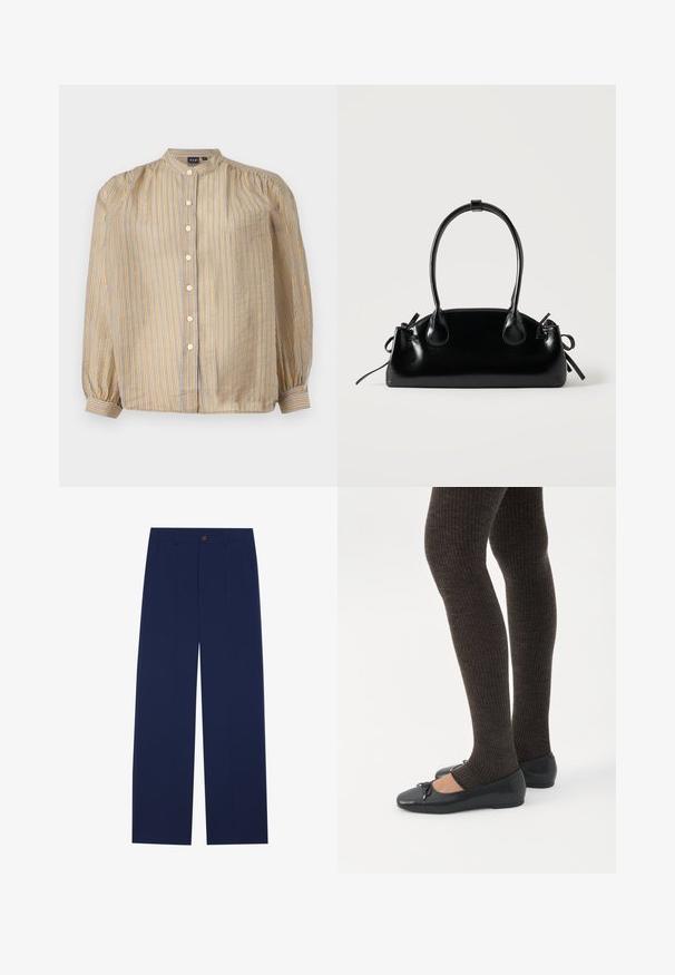 Overhemd met een hoge kraag, gele en blauwe verticale strepen, lange mouwen met gathered manchetten, en zes knopen aan de voorkant.; Marineblauwe wijde broek gemaakt van gladde stof, met voorzakken, een knoopsluiting en een tailormade ontwerp met plooien.; Benen met donkere geribbelde leggings gecombineerd met zwarte ballerina's met kleine strikdetails op een witte achtergrond.; Kleine zwarte glanzende handtas met twee lange hengsels en zijkant trekkoord details op een effen lichte achtergrond.
