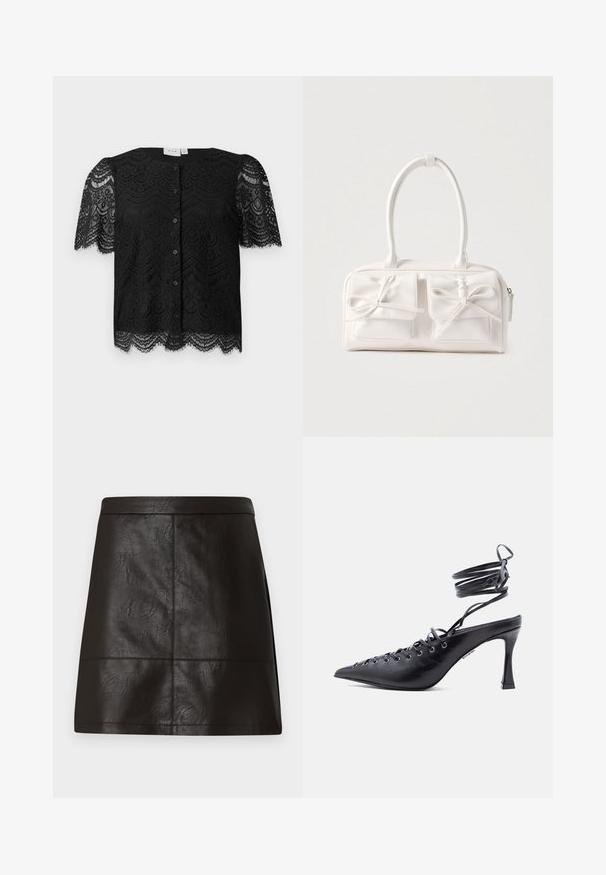 Blusa de encaje negro con mangas cortas abullonadas, con un dobladillo en forma de ondas y botones en el frente. Patrón de encaje floral intrincado a lo largo de toda la prenda.; Mini falda de imitación de cuero negra con una textura suave, forma estructurada y detalles de costura. Sin herrajes ni acentos visibles.; Zapato de tacón alto negro con punta afilada, correas alrededor del tobillo y múltiples ojales en la parte frontal para cordones.; Bolso sintético blanco con dos bolsillos delanteros, cada uno con un detalle de lazo atado. Textura suave, asas redondeadas y cierre de cremallera.
