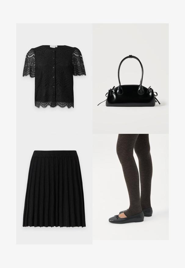Zwarte kanten blouse met korte pofmouwen, met een scalloped zoom en knopen aan de voorkant. Gedetailleerd bloemenkantpatroon door het hele kledingstuk.; Vero Moda Knitted VMMARINA Short - Minirok - black; Benen met donkere geribbelde leggings gecombineerd met zwarte ballerina's met kleine strikdetails op een witte achtergrond.; Kleine zwarte glanzende handtas met twee lange hengsels en zijkant trekkoord details op een effen lichte achtergrond.