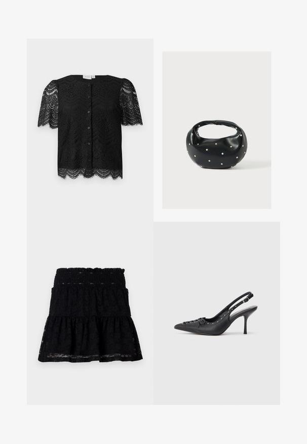 Blusa de encaje negro con mangas cortas abullonadas, con un dobladillo en forma de ondas y botones en el frente. Patrón de encaje floral intrincado a lo largo de toda la prenda.; Falda negra de encaje con una cinturilla fruncida. Presenta un diseño acampanado y en capas, con una textura transparente que crea una apariencia de capas.; Sandal de tacón stiletto negro de cuero con punta afilada, correa lateral con hebilla, tachuelas a lo largo del borde y cordones decorativos en la parte delantera.; Bolso de mano de cuero negro con forma redondeada, decorado con detalles de tachuelas plateadas y un asa corta. Textura lisa y cierre con cremallera.