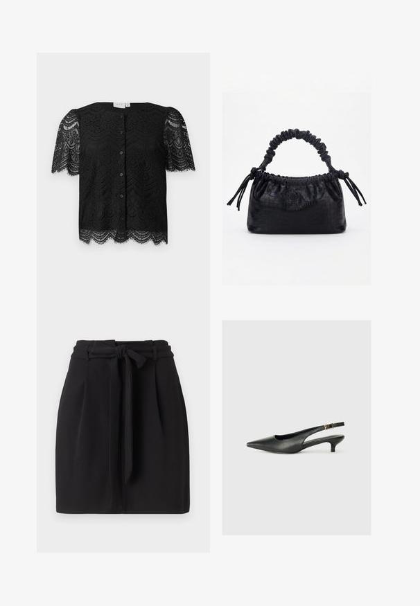 Zwarte kanten blouse met korte pofmouwen, met een scalloped zoom en knopen aan de voorkant. Gedetailleerd bloemenkantpatroon door het hele kledingstuk.; Zwarte rok met een strikdetail in de taille, met een op maat gemaakte silhouet en plooien. Gemaakt van gladde stof met een nette afwerking.; Zwarte puntschoen met slingback van soepel leer. Kenmerkt zich door een dunne hak en een gespdetail op de verstelbare band.; Zwarte handtas met krokodillenstructuur, geplooide bovenrand, samengevoerde handgreep en koordtassels aan elke kant tegen een witte achtergrond.