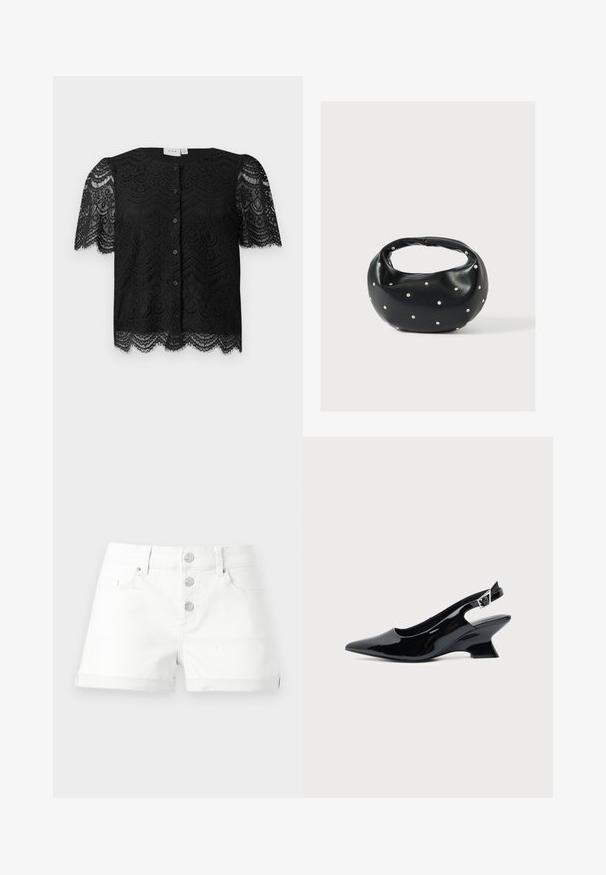Zwarte kanten blouse met korte pofmouwen, met een scalloped zoom en knopen aan de voorkant. Gedetailleerd bloemenkantpatroon door het hele kledingstuk.; Witte denim shorts met drie knopen aan de voorkant, riemlussen, twee steekzakken aan de voorkant en een opgerolde zoom tegen een effen achtergrond.; Zwarte lakleren slingback schoen met spitse neus en lage schuine blokhak op een effen lichte achtergrond.; Zwarte leren handtas met een afgeronde vorm, versierd met zilveren studs, en een korte handgreep. Gladde textuur en ritsluiting.