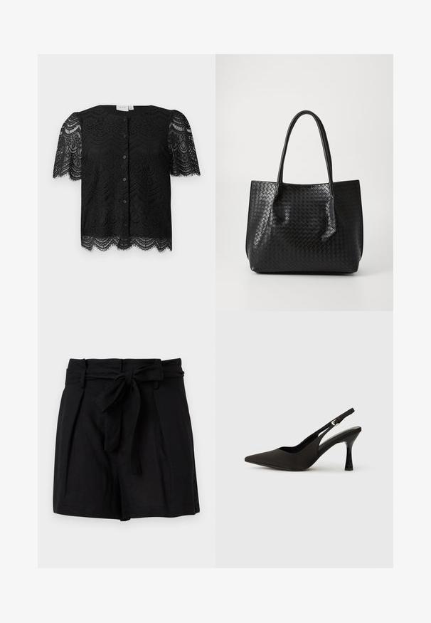 Zwarte kanten blouse met korte pofmouwen, met een scalloped zoom en knopen aan de voorkant. Gedetailleerd bloemenkantpatroon door het hele kledingstuk.; Zwarte shorts met hoge taille, voorzien van een stoffen ceintuur die vooraan in een strik is gebonden en met zijzakken, gefotografeerd tegen een witte achtergrond.; Zwarte slingback hakken met een spitse neus, een gladde matte afwerking en een slanke, glanzende hak. Verstelbare band met een klein gespdetail.; Zwarte geweven lederen totebag met twee handvaten, gestructureerde vorm en subtiele glanzende afwerking, tegen een eenvoudige lichte achtergrond.