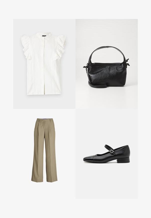 Hvid kortærmet bluse med flæseaccent, knaplukning foran og subtile lodrette striber. Lavet af letvægtsstof.; Beige vide ben bukser med høj talje, frontfolder og en glat stoftekstur. Klassisk design med en skræddersyet finish.; Sorte læder Mary Jane-sko med en patenttå, justerbar ankelrem og lav blokhæl. Glat tekstur og strømlinet design.; Sort læderhåndtaske med et struktureret design, rund tophåndtag og aftagelig skulderrem. Den har en glat tekstur og en subtil glans.