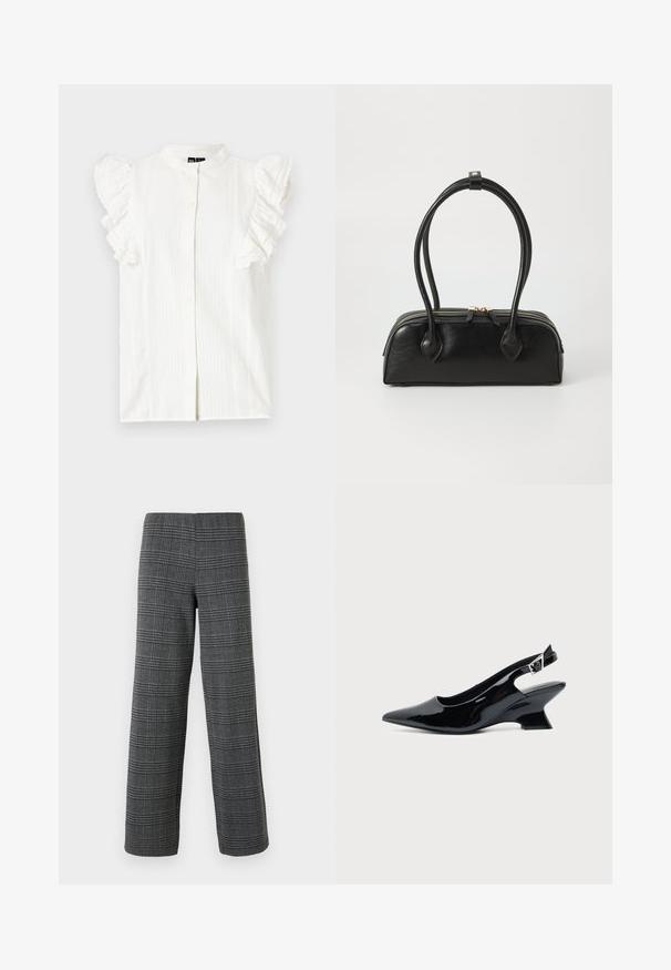 Valge lühikeste varrukatega pluus, millel on volangakujulised aksessuaarid, nööbist sulgemine ja õrnad vertikaalsed triibud. Valmistatud kergest kangast.; Vero Moda VMBERLIN WIDE PANT - Püksid - dark grey/black; Mustast lakknahast slingback king, millel on terav nina ja madal kalle plokktald, ühtlase heleda taustaga.; Must mustroheline nahast käekott kahe pikema käepidemega, lukuga ja ümar kuju; sile tekstuur kerge läikiva viimistlusega.