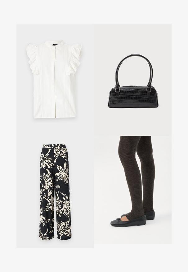 Hvid kortærmet bluse med flæseaccent, knaplukning foran og subtile lodrette striber. Lavet af letvægtsstof.; Vide ben bukser i sort stof med et stort cremefarvet blomstermønster. Designet har en høj talje og en svævende silhuet.; Ben iført mørke ribbede leggings kombineret med sorte balletsko med små sløjfedetaljer på hvid baggrund.; Sort krokodilleder-embossed taske med rektangulær form, kort rullet håndtag og lynlåslukning. Glat tekstur med blank finish.