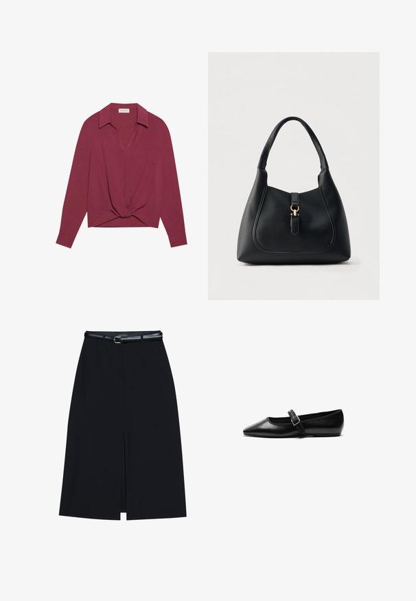 Bordeauxkleurig longsleeve shirt met een kraag, V-hals en gedraaide knoopdetail aan de voorkant. Zachte textuur en een relaxte pasvorm.; Zwarte knie-lange rok met een vooraanstaande split, gemaakt van gladde stof. Heeft een dunne zwarte riem met een zilveren gesp en riemlussen.; Zwarte platte schoen van leer met een spitse neus, verstelbare band met een metalen gesp, een gladde textuur en een minimalistisch ontwerp.; Zwarte leren handtas met een gestructureerd oppervlak, een gebogen vorm en een gouden accenten in de hardware. Voorzien van een enkele handgreep en een sluitingdetail.