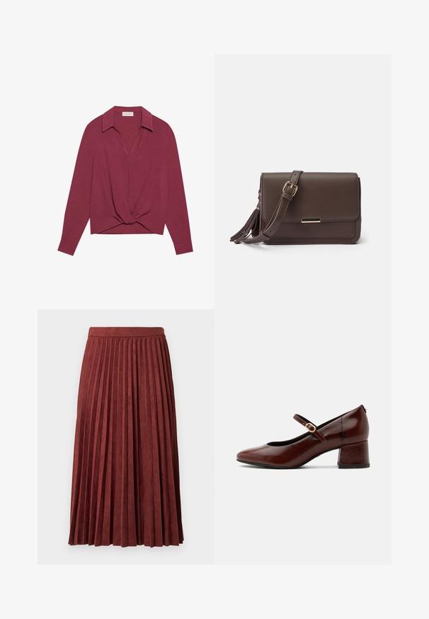 Bordeauxkleurig longsleeve shirt met een kraag, V-hals en gedraaide knoopdetail aan de voorkant. Zachte textuur en een relaxte pasvorm.; Bordeauxrode geplooide midi-rok gemaakt van zachte stof, met verticale plooien en een aansluitende tailleband. Gladde textuur met een effen kleur.; Bruine leren Mary Jane schoen met lage blokhak en gouden gespbandje, zijaanzicht op witte achtergrond.; Bruine faux leren schoudertas met een flapsluiting, gouden hardware en een zijtassel. Verstelbare schouderband voor veelzijdig gebruik.