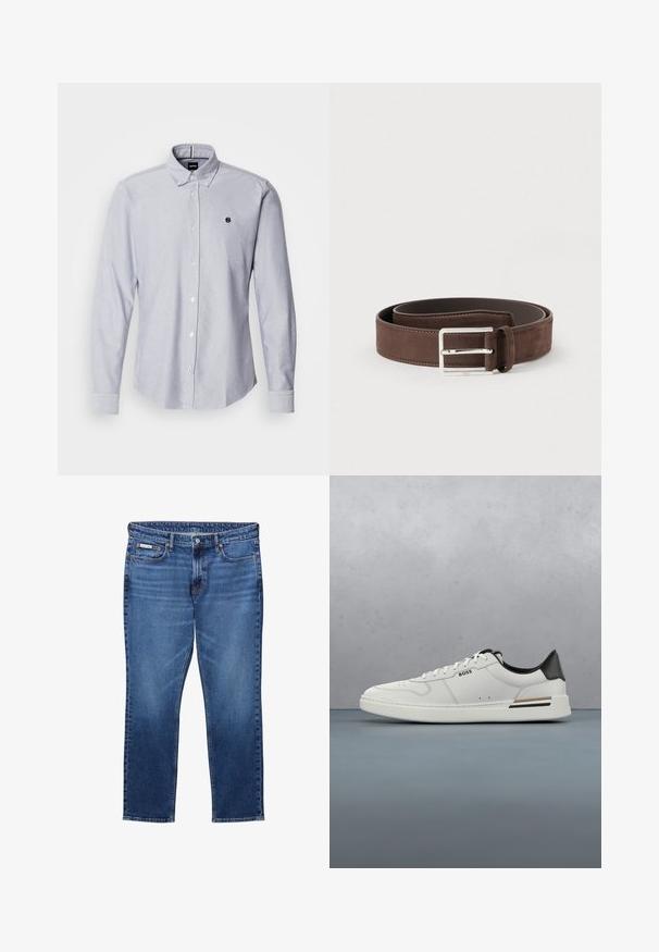 Himmelblaues Button-Up-Hemd mit langen Ärmeln, aus einem strukturierten Stoff gefertigt. Verfügt über ein kleines Logo auf der linken Brust und Standardmanschetten.; Blaue Jeans mit geradem Bein, klassischem Fünf-Taschen-Design, Knopf- und Reißverschluss und Calvin Klein-Label auf der rechten Vordertasche.; Weißer Sneaker mit niedrigem Schnitt und schwarzer Ferse, Schnürverschluss, dezenten Perforationen und "BOSS"-Logo an der Seite, gezeigt von der äußeren Seitenansicht.; Brauner Wildledergürtel mit glatter Textur, silberner Metallschnalle und schlichtem Design. Verfügt über ein Lederfutter und Nahtdetails.