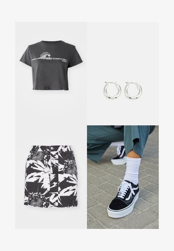 Mørkegrå cropped T-shirt med hvid stiliseret bølge, palmetræ grafik og "ROXY" tekst på forsiden.; Sort denimnederdel med et dristigt hvidt blomsterprint, struktureret form, frontknaplukning og et tekstureret stof med synlige sømme.; Sorte ruskinds sneakers med hvide accenter og snørebånd, der har en tyk hvid sål og kontrasterende syninger, parret med en hvid sok.; Sølv hoop-øreringe med en poleret finish, der har en cirkulær form og en hængslet lukning. Glat tekstur med minimal detaljering.