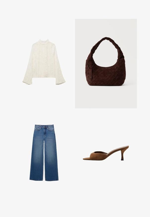 Haut blanc à manches longues avec un col haut, présentant un motif texturé et des poignets évasés. Le matériau semble léger et légèrement transparent.; Jean en denim à jambes larges, de couleur bleu moyen, avec une taille haute, un design à cinq poches et des détails cousus le long des coutures.; Mule ouverte en suède marron avec un petit talon bottine et une conception facile à enfiler.; Sac à épaule en cuir tressé marron foncé avec une forme douce et arrondie et une large anse, avec une petite étiquette en cuir attachée.