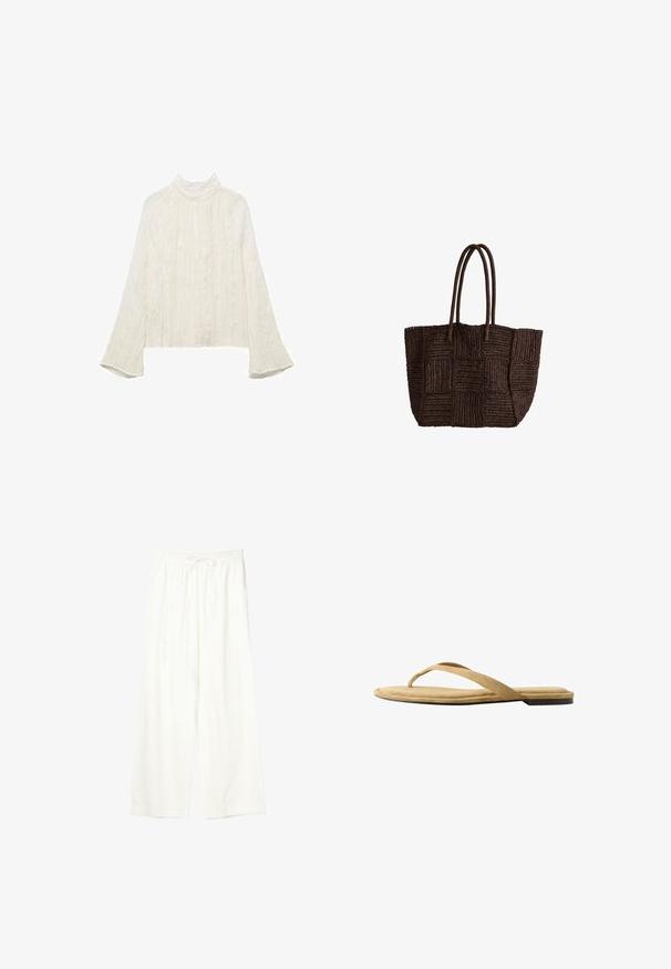 Haut blanc à manches longues avec un col haut, présentant un motif texturé et des poignets évasés. Le matériau semble léger et légèrement transparent.; Pantalon blanc à jambes larges avec taille élastique et cordon de serrage, en tissu léger.; Sandale beige en daim avec semelle plate et fine bride, vue de côté sur fond blanc.; Sac cabas tissé marron foncé avec deux poignées et un motif carré, présenté sur fond blanc.