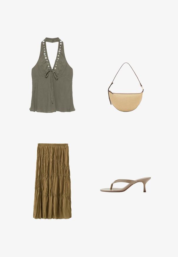 Haut dos-nu vert olive avec col en V profond, décoré de divers boutons blancs le long de l'encolure et fermeture par lien en dessous.; Jupe longue marron avec taille élastique et détails de tissu froncés créant des motifs ondulés horizontaux tout au long de sa longueur.; Sandale beige en cuir verni avec un talon kitten pointu et une semelle fine, vue de côté sur fond blanc.; Sac à main tissé beige en forme de demi-lune avec une bandoulière unique en cuir marron réglable et une fermeture éclair sur le dessus.