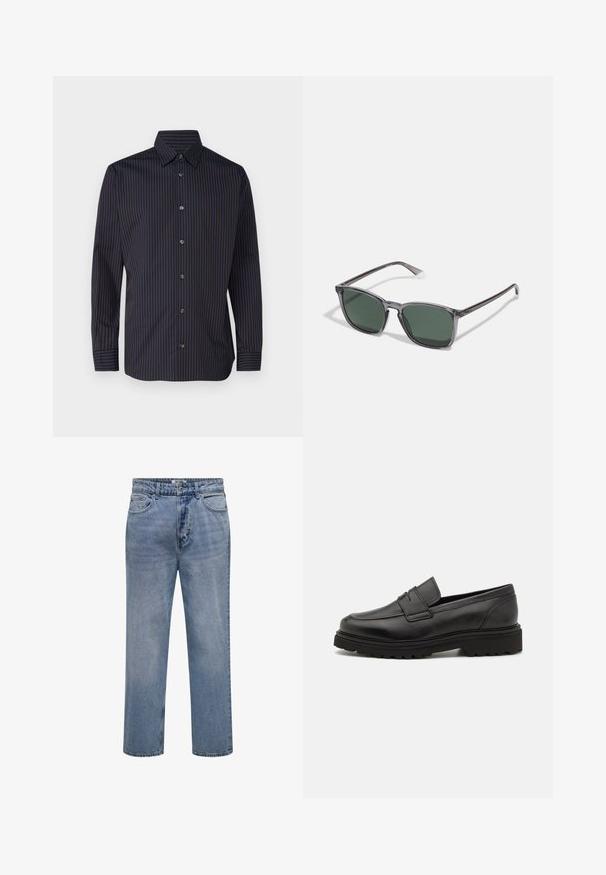 Marine skjorte med lodrette brune striber, lange ærmer, knap-down krave og seks knapper foran, med en glat stoftekstur.; Lyseblå straight-leg denim jeans med knap- og lynlåslukning samt for- og baglommer.; Sort læder loafersko med rund tå, syningsdetaljer og en tyk, struktureret sål. Har et elegant, minimalistisk design.; Polaroid Solbriller - grey
