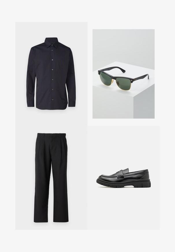 Marine skjorte med lodrette brune striber, lange ærmer, knap-down krave og seks knapper foran, med en glat stoftekstur.; Jack & Jones Classic Wide Leg Fit - Bukser - black; Sort læder loafersko med en bred rem over forfoden, gummisål med tykke mønstre og glat overflade. Klassisk, slankt design.; Ray-Ban solbriller med grønne linser, sorte plastikstel og gyldne detaljer ved kanterne. Firkantet form med mat finish.