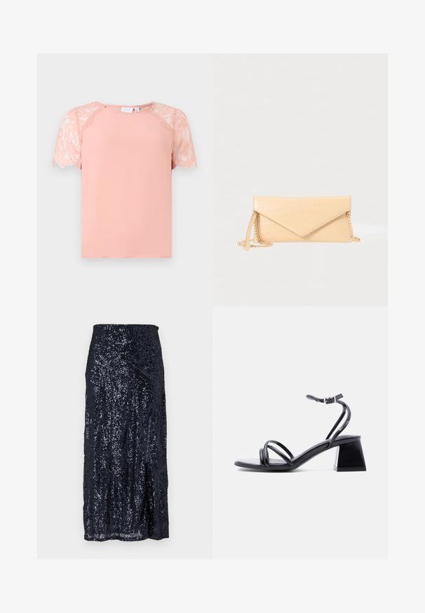 Kortærmet top i blødt ferskenfarvet stof, med blondealongeringer på ærmerne, rund halsudskæring og en afslappet pasform. Glat tekstur.; Marineblå paillet midi skirt med en glat tekstur, der har en tætsiddende talje og en let udvidelse ved kanten. Designet skaber reflekterende mønstre.; Sort sandal med stropper, åben tå, ankelspænde og blokhæl, vist i sidelæns syn på en ensartet lys baggrund.; Krokodilleffekt, lys gul clutch taske med struktureret kuvertdesign og guld kædestropp. Glat tekstur med skrå flaplukning.