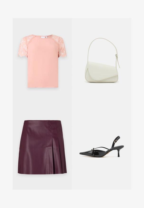 Kortærmet top i blødt ferskenfarvet stof, med blondealongeringer på ærmerne, rund halsudskæring og en afslappet pasform. Glat tekstur.; ONLY ONLARTZY Short - Mini skirts - mauve wine; ALDO MARIETTA PILLOW WALK - Pumps - black; Hvid taske i faux læder med en struktureret trekantet form, enkelt justerbart skulderstrop og en flaplås med kurver.