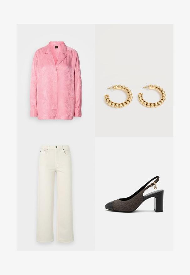 Lichtroze blouse met knopen, voorzien van een subtiele palmbladpatroon. Gemaakt van een gladde stof met een relaxte pasvorm en een klassiek kraagontwerp.; Off-white rechte jeans met knoop aan de voorkant, ritssluiting, lussen voor een riem en ontwerp met vijf zakken op een lichte achtergrond.; Bruine en zwarte slingback hoge hak met patroonstof, afgeronde neus, stevige hak en goudkleurige gesp aan het enkelbandje.; Een paar gouden creolen met afgeronde kraaldetails langs de buitenrand op een lichte achtergrond.