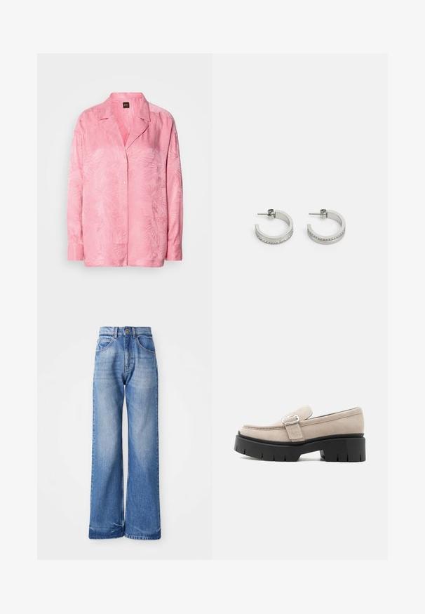 Camisa de botones de color rosa claro con un sutil patrón de hojas de palma. Hecha de una tela suave con un corte relajado y diseño de cuello clásico.; Jeans de tiro alto, de mezclilla, de pierna ancha y color azul claro, con cinco bolsillos y sutiles marcas de desgaste en la parte frontal para agregar textura.; Mocasín de ante beige con hebilla plateada y suela negra gruesa y gruesa, vista lateral sobre fondo blanco.; Pendientes de aro plateados con una superficie lisa y una fila de pequeñas piedras transparentes a lo largo del borde inferior, con cierre de perno.