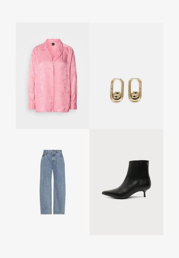 Camisa de botones de color rosa claro con un sutil patrón de hojas de palma. Hecha de una tela suave con un corte relajado y diseño de cuello clásico.; Vaqueros de mezclilla azul claro de cintura alta con piernas rectas y anchas, bolsillos delanteros, trabillas para cinturón y cierre de botón y cremallera.; Botín de piel negra con puntera puntiaguda y tacón bajo estilo kitten sobre fondo claro, mostrando vista lateral exterior.; BOSS DOUBLE B SWING - Pendientes - gold-coloured