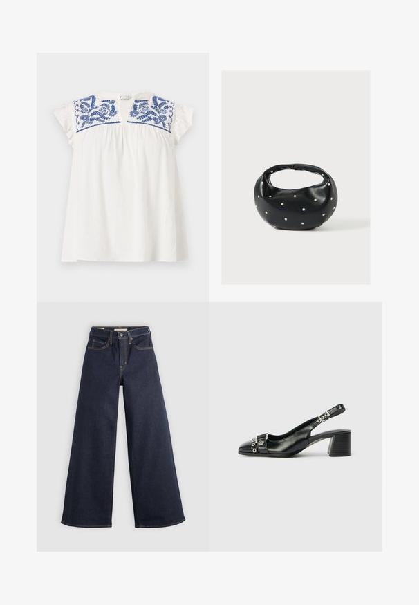 Haut blanc à manches courtes avec broderie florale bleue au niveau du col, présentant des plis pour ajouter du volume et des manches en dentelle douce. Tissu léger et décontracté.; Jean en denim à jambe large, bleu foncé, avec des surpiqûres contrastées. Présente un design traditionnel à cinq poches et une fermeture à bouton à la taille.; Sandale à talon en cuir noir avec un bout pointu, une sangle texturée ornée d'accents métalliques circulaires et un talon empilé.; Sac à main en cuir noir de forme arrondie, décoré de clous argentés et équipé d'une poignée courte. Texture lisse et fermeture éclair.