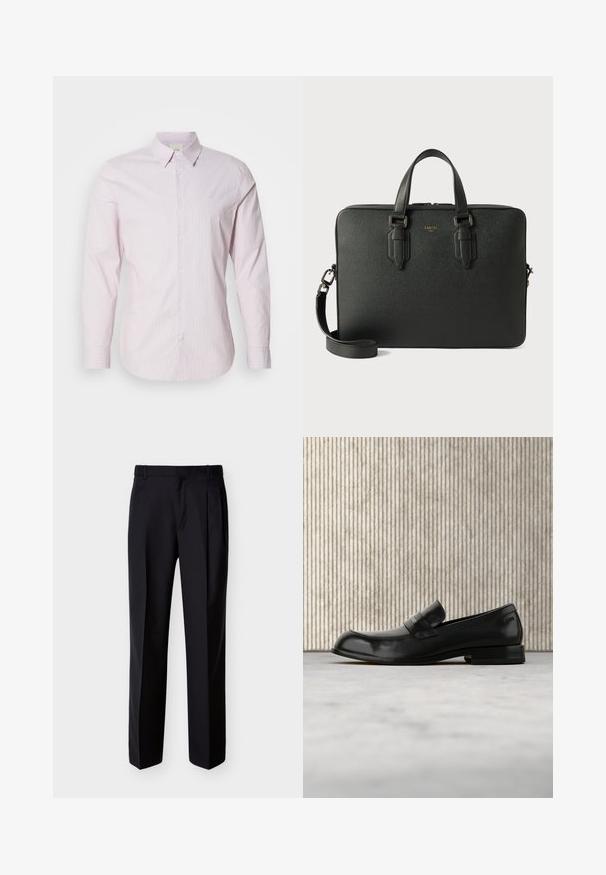 Chemise à manches longues rayée rose clair en coton, dotée d'un col boutonné et d'un petit logo sur la poitrine. Texture lisse.; Pantalon noir ajusté à coupe droite, avec un devant plissé et des poches latérales. Confectionné dans un tissu lisse et léger à motif uni.; Mocassin en cuir noir avec un accent métallique, présenté en lévitation au-dessus d'un tapis beige, avec une table ronde de couleur ambre en arrière-plan.; Serviette en cuir noir avec surface texturée, doubles poignées supérieures, bandoulière amovible et logo discret. Design rectangulaire élégant.