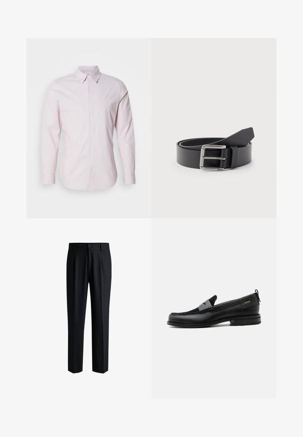 Chemise à manches longues rayée rose clair en coton, dotée d'un col boutonné et d'un petit logo sur la poitrine. Texture lisse.; Pantalons noirs en tissu lisse, avec une coupe droite, des plis à l'avant et une fermeture à bouton avec passants de ceinture.; Mocassin en cuir noir avec détail de bride grise, talon bas et semelle texturée, marqué "HUGO" en or sur le côté.; Ceinture en cuir noir enroulée avec une boucle métallique rectangulaire argentée gravée "BOSS" sur un fond gris clair.