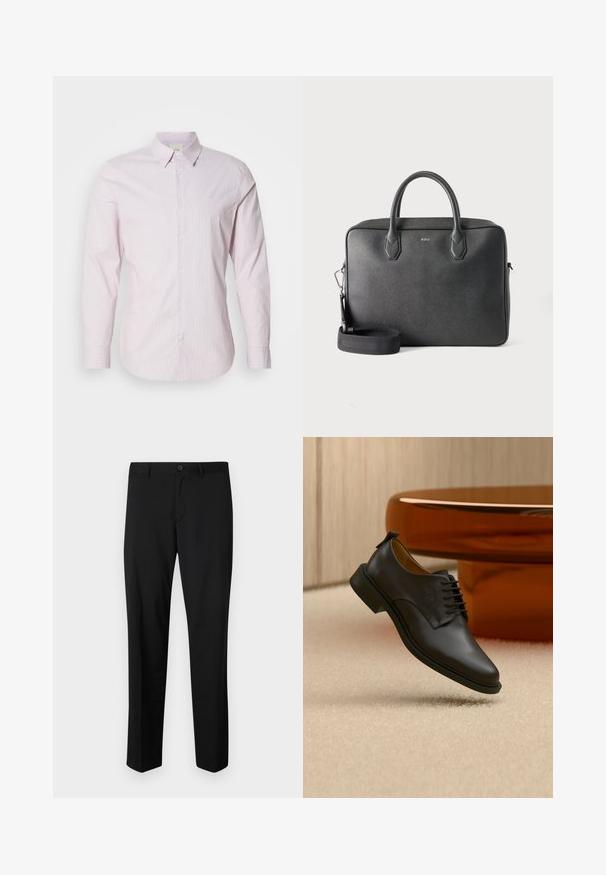 Chemise à manches longues rayée rose clair en coton, dotée d'un col boutonné et d'un petit logo sur la poitrine. Texture lisse.; Pantalons noirs ajustés avec une coupe plate, taille standard et jambes droites. Fabriqués en tissu lisse, dotés d'une fermeture à un bouton.; Chaussure habillée pour homme en cuir noir à lacets flottant au-dessus d'un tapis beige, avec une table basse ronde marron en arrière-plan.; Serviette en cuir noire avec deux poignées supérieures, bandoulière détachable et petit logo BOSS centré à l'avant sur fond uni.