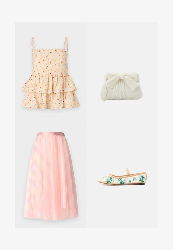 Helmstedt ELLIE - Μπλούζα - cornflower; Ida Sjöstedt FLAWLESS SKIRT - Φούστα σε γραμμή Α - pink; Μπεζ μπαλαρίνα με μυτερή μύτη, μία λουρίδα και πράσινη και γαλάζια λουλουδάτη κεντητική στα διάφανα πλαϊνά.; Λευκή πλισέ τσάντα clutch με έντονη λεπτομέρεια σε φιόγκο και χρυσή αλυσίδα. Μαλακή υφή με συγκεντρωμένο σχέδιο στο μπροστινό μέρος.
