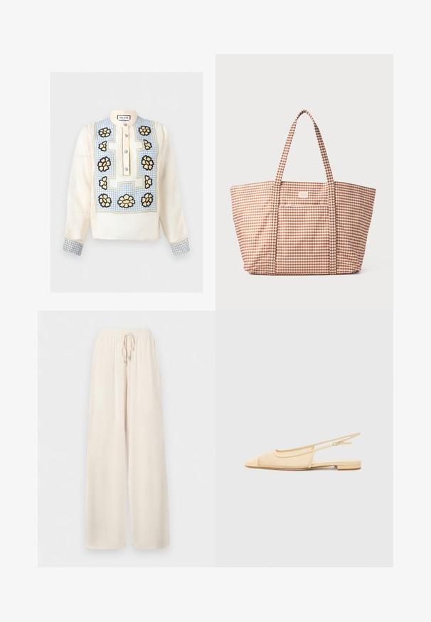 Blouse crème à manches longues avec motif à carreaux bleus, broderie florale jaune et noire sur le devant et les poignets, et boutons bleus sur une patte courte.; Pantalon ample de couleur crème avec ceinture élastique et cordon de serrage, fabriqué en tissu léger.; Chaussure plate slingback en beige clair avec une tige en maille, un bout pointu et un petit talon. Dotée d'une sangle ajustable pour un bon maintien.; Sac fourre-tout à motif vichy dans les tons bruns, avec un grand compartiment central, deux poignées et une poche frontale avec étiquette.