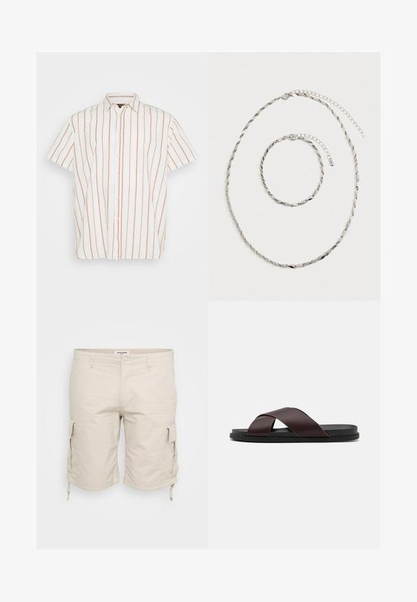 Kortærmet skjorte med knapper i hvidt stof, der har smalle, lodrette røde striber. Klassisk krave og lige kantdesign.; Beige cargo shorts lavet af letvægtsstof, med sidelommer, justerbare snore i kanten og et klassisk fem-lomme design.; Brun, krydsrem slide sandal med mat finish, flad sort sål og glat tekstur. Minimalistisk design uden synligt hardware.; Sølv snoet kæde halskæde og matchende armbånd med justerbare låse, liggende fladt på hvid baggrund.