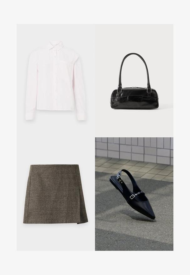 Chemise rose pâle à manches longues avec un col et une poche sur la poitrine, présentée sur un fond blanc.; Jupe mini à carreaux marron et gris avec une subtile fente latérale, coupe droite et tissu texturé.; Mocassin noir à bout pointu et bride arrière, avec double boucle, posé sur un asphalt gris près d'un mur carrelé en arrière-plan.; Sac à main en cuir noir de forme rectangulaire, doté d'une seule ansse structurée, de quincaillerie argentée et d'une fermeture éclair. Texture lisse.
