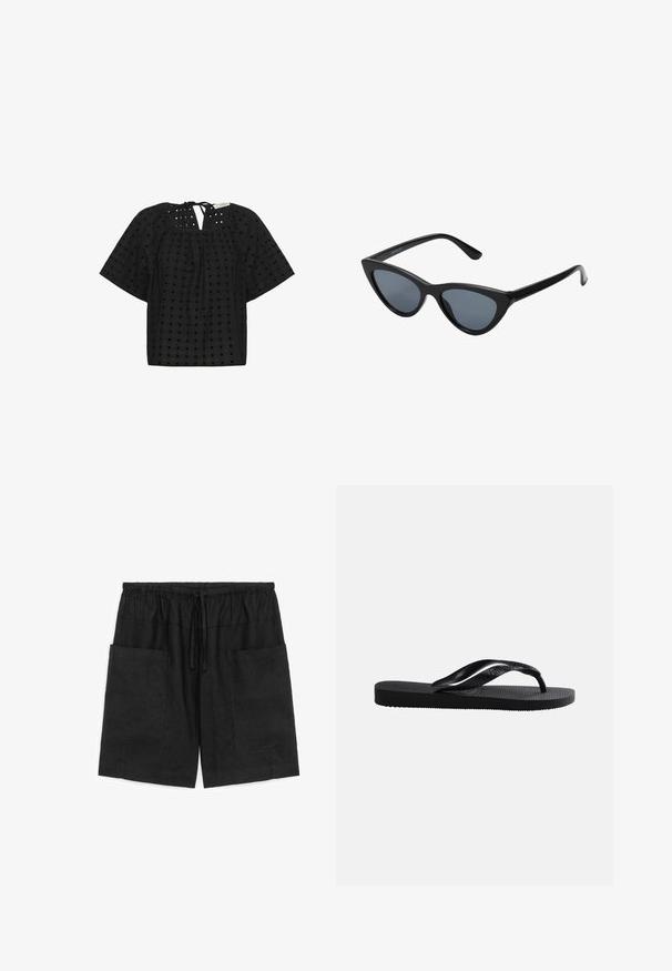 Blouse noire en tissu texturé avec des découpes carrées, des manches courtes et une fermeture à nouer à l'arrière. Présente un design à coupe ample.; Short noir mi-long avec taille élastique, cordon de serrage et grandes poches plaquées à l'avant des deux côtés.; Tongs en caoutchouc noir avec semelle texturée et bride en Y lisse sur un fond clair uni.; Lunettes de soleil noires en forme d'œil de chat avec des verres gris foncé, monture en plastique élégante, coins pointus et branches droites. Pas de métal visible ni d'accents.