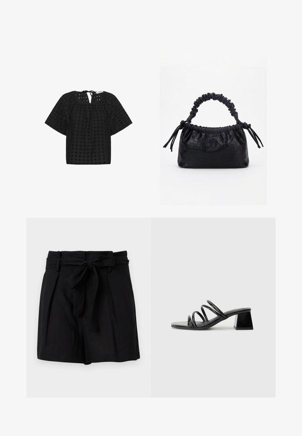 Blouse noire en tissu texturé avec des découpes carrées, des manches courtes et une fermeture à nouer à l'arrière. Présente un design à coupe ample.; Shorts noirs taille haute avec une ceinture en tissu nouée en un nœud à l'avant et des poches latérales, présentés sur un fond blanc.; Sandale noire à talon avec un bout carré, présentant trois bandes torsadées sur le dessus et un talon carré épais. Matière lisse et brillante.; Sac à main noir avec texture crocodile, bord supérieur froncé, poignée plissée et pompons à cordon de chaque côté sur fond blanc.