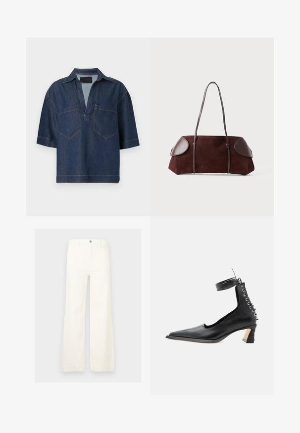Chemise en denim bleu foncé à manches courtes, col en V large, avec col et deux poches poitrine devant avec coutures visibles.; Pantalon blanc à jambes larges en coton. Comprend un bouton à l'avant, des passants pour ceinture et deux poches arrière. Texture lisse avec une finition nette.; Chaussure noire en cuir à talon bas avec bout pointu, détail lacé à l'arrière et bride autour de la cheville sur un fond blanc uni.; Sac en daim marron avec des accents en cuir, forme structurée, double poignées, bords arrondis, présentant une texture lisse et un matériel minimal.
