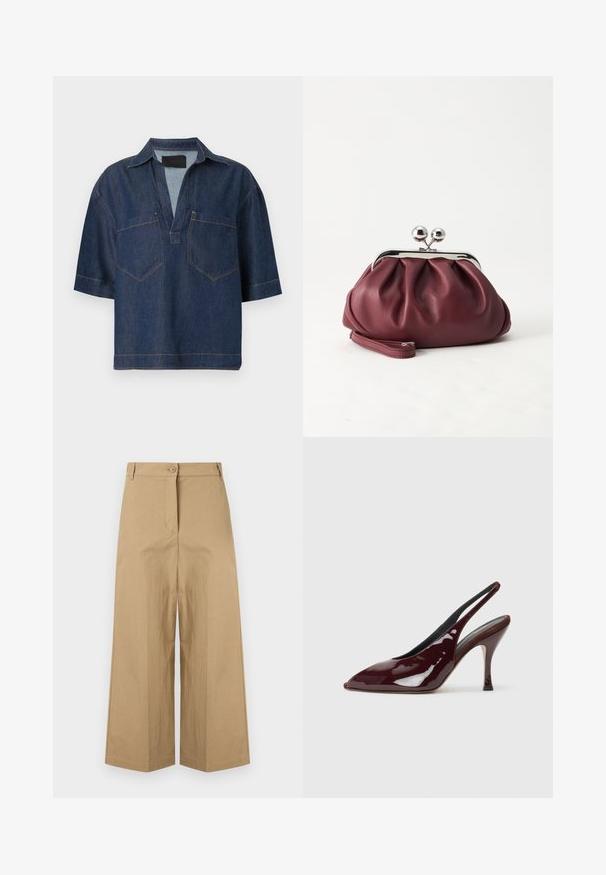 Chemise en denim bleu foncé à manches courtes, col en V large, avec col et deux poches poitrine devant avec coutures visibles.; Pantalon beige taille haute à jambes larges, avec passants pour ceinture, fermeture avant par boutons et une fermeture éclair cachée.; NEOUS HAMAL - Escarpins à talons hauts - dark chocolate; Petit sac pochette en cuir bordeaux avec fermoir métallique argenté et bracelet sur fond blanc.