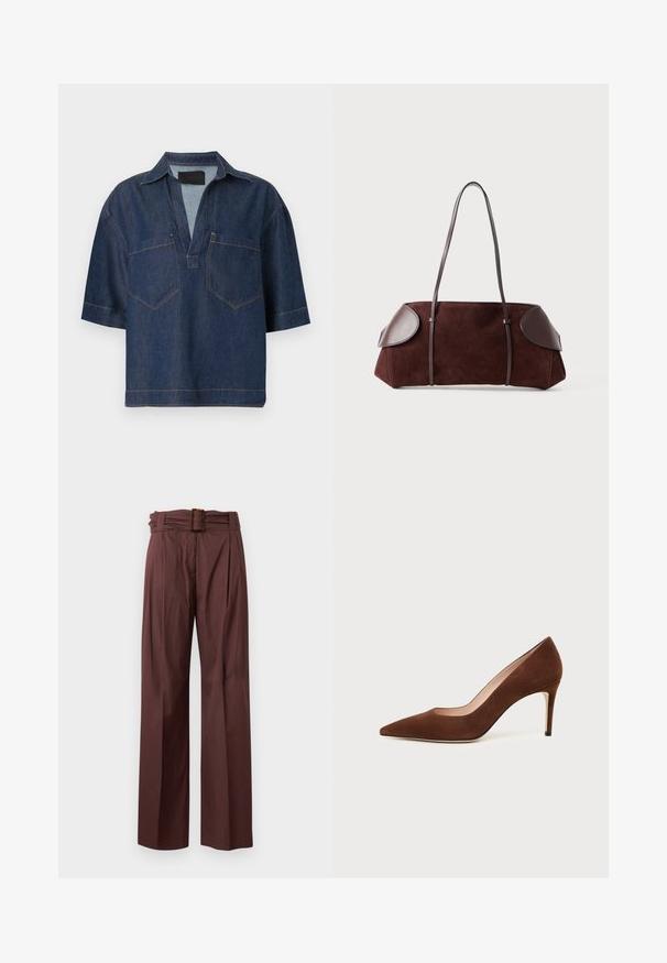 Chemise en denim bleu foncé à manches courtes, col en V large, avec col et deux poches poitrine devant avec coutures visibles.; Pantalon marron taille haute à jambes larges, devant plissé et ceinture assortie avec boucle rectangulaire en écaille.; Chaussure à talon haut en daim marron à bout pointu avec un talon aiguille fin sur fond blanc.; Sac en daim marron avec des accents en cuir, forme structurée, double poignées, bords arrondis, présentant une texture lisse et un matériel minimal.