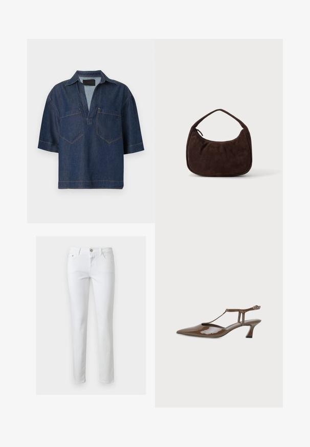 Chemise en denim bleu foncé à manches courtes, col en V large, avec col et deux poches poitrine devant avec coutures visibles.; Jean blanc slim avec fermeture à boutons et zip à l'avant, passants pour ceinture, poches avant et arrière, présenté sur un fond uni.; Chaussure slingback en cuir verni marron, bout pointu, petit talon kitten, fine bride en T et fermeture à boucle à la cheville.; Sac à main en daim marron foncé avec une courte sangle et une forme rectangulaire arrondie sur un fond uni clair.