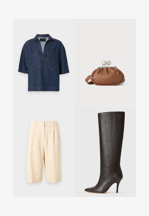 Chemise en denim bleu foncé à manches courtes, col en V large, avec col et deux poches poitrine devant avec coutures visibles.; Short beige taille haute longueur genou avec passants de ceinture et plis devant, présenté sur un fond clair uni.; Botte en cuir noire, montée jusqu'au genou, avec un bout pointu, un design épuré et un fin talon haut. Texture lisse et minimalisme des détails.; Pochette en cuir marron avec un fermoir à boule en argent et un petit détail en chaîne argentée sur fond blanc.