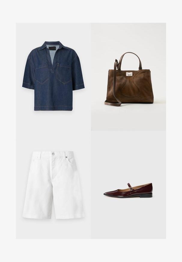 Chemise en denim bleu foncé à manches courtes, col en V large, avec col et deux poches poitrine devant avec coutures visibles.; Short en denim blanc avec passants de ceinture, bouton devant, fermeture éclair et deux poches avant, affiché sur un fond uni.; Ballerines en cuir verni bordeaux de type Mary Jane avec un bout pointu, un talon plat et une sangle décorative avec une boucle circulaire.; Sac à main en daim marron avec poignées en cuir et bandoulière réglable, doté d'un fermoir argenté sur un fond blanc uni.