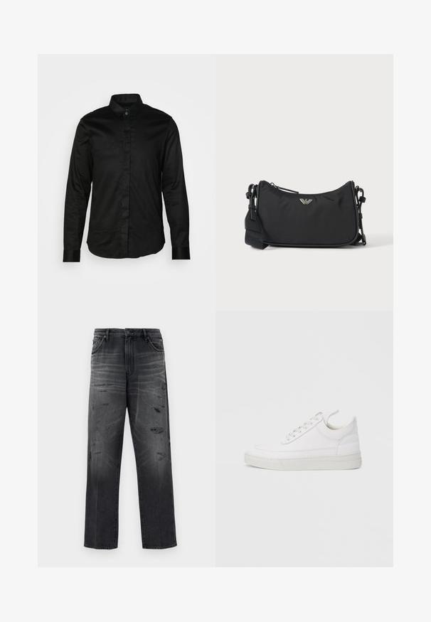 Schwarzes Langarmhemd aus glattem Stoff mit Kragen, Knopfleiste vorne und kontrastierenden Manschetten. Keine sichtbaren Muster oder Grafiken.; Schwarze Denim-Jeans mit lässiger Passform, die ein verblasstes Design und abgenutzte Stellen aufweisen. Standard-Fünf-Taschen-Stil und mit Knopfverschluss.; Weißer Ledersneaker mit abgerundetem Zehenbereich, flacher Sohle und Schnürverschluss. Verfügt über Nahtdetails und einen gepolsterten Kragen für zusätzlichen Komfort.; Schwarze rechteckige Crossbody-Tasche mit silbernem Markenlogo-Emblem und verstellbarem Riemen auf hellem Hintergrund.