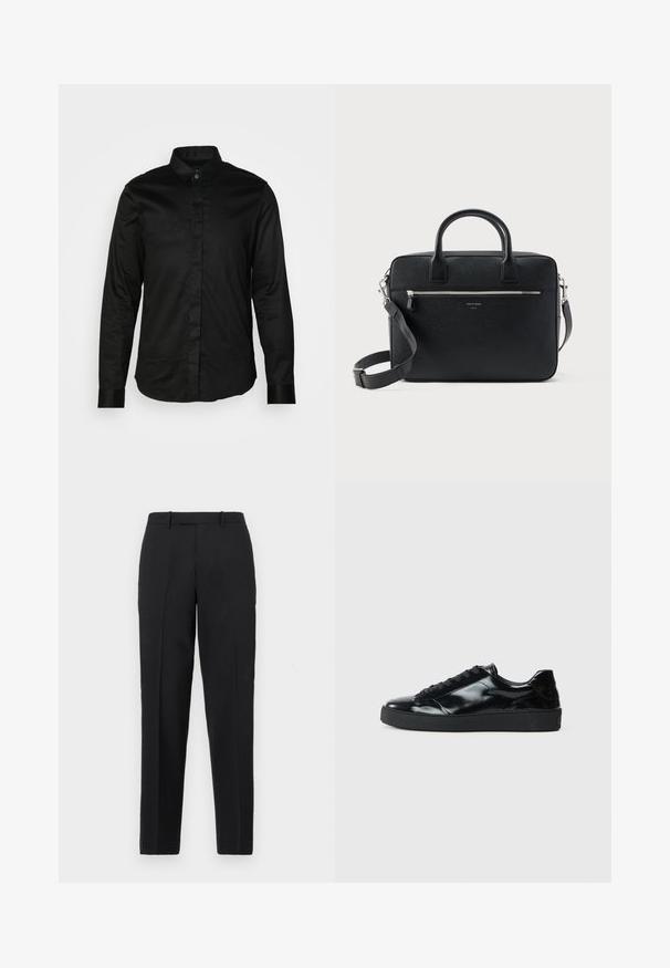 Sort langærmet skjorte fremstillet af glat stof, med krave, knaplukning foran og kontrasterende manchetter. Ingen synlige mønstre eller grafikker.; Theory STRAIGHT - Bukser - deep black; Sorte laklæder sneakers med rund tå, snørredesign, tekstureret gummisål og en glat overflade.; Sort struktureret rektangulær lædermappe med dobbelthåndtag, lynlåslomme foran og justerbar skulderrem vist på hvid baggrund.