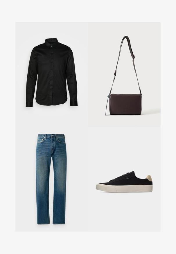 Sort langærmet skjorte fremstillet af glat stof, med krave, knaplukning foran og kontrasterende manchetter. Ingen synlige mønstre eller grafikker.; Blå denim jeans med lige ben, der har en fem-lomme stil, subtil falming og kontrastsyet detaljer.; Sort lavsko med beige hælkappe, tyk hvid gummisål, sorte snørebånd og lille "PS Paul Smith" mærke på siden.; Mørkebrun textured læder crossbody taske med justerbar rem og lille dekorativ blå accent på siden.