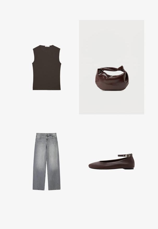 Débardeur sans manches brun foncé à col rond avec ourlet droit, présenté à plat sur un fond blanc.; Jean en denim gris à jambes larges avec une finition légèrement décolorée, doté de cinq poches, d'une fermeture à bouton à l'avant et de passants de ceinture.; Chaussure plate marron foncé avec bout arrondi et bride de cheville réglable avec boucle argentée sur fond blanc.; Sac bandoulière en cuir marron foncé avec une forme souple et décontractée et une anse nouée torsadée sur un fond blanc uni.
