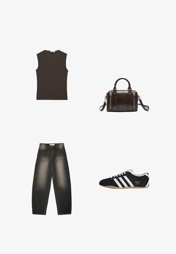 Débardeur sans manches brun foncé à col rond avec ourlet droit, présenté à plat sur un fond blanc.; Jeans en denim gris à jambes larges avec un léger délavage, cinq poches, des coutures en contraste et une coupe décontractée. Pas de motifs ou d'embellissements visibles.; Sneakers en suede noir avec trois bandes blanches, logo doré et semelle en caoutchouc marron. Présente un design à lacets à profil bas.; Sac à main en cuir marron foncé avec deux zips dorés à l'avant, deux poignées et une bandoulière amovible.