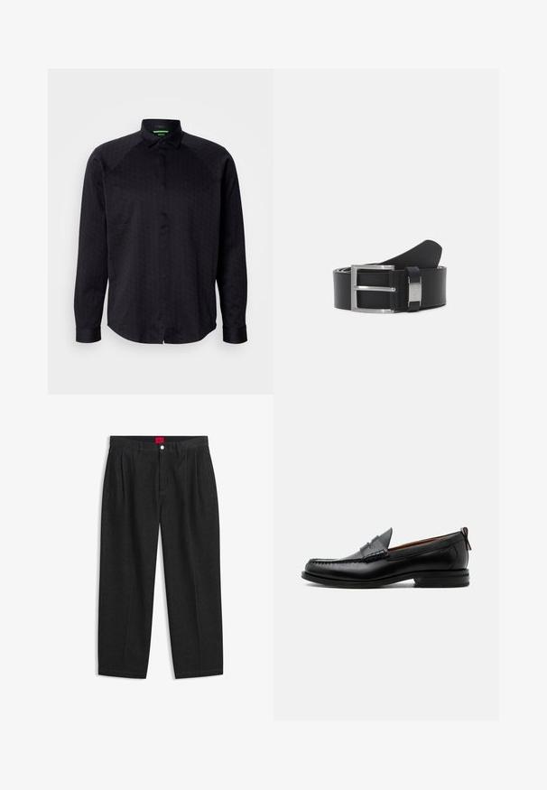 Schwarzes Langarmhemd mit strukturiertem geometrischem Muster, klassischem Kragen, Knopfleiste und abgerundetem Saum. Der Stoff wirkt glatt. Logo auf der Brust.; Schwarze Hose mit hoher Taille, vorderen Falten, Gürtelschlaufen, Knopf- und Reißverschluss sowie einem roten Etikett innen am Bund.; Schwarzer Leder-Herrenschuh mit Mokassinnaht, Penny-Riemen, strukturiertem Kragen und niedrigem gestapeltem Absatz auf weißem Hintergrund.; Schwarzer Leder Gürtel mit einer silbernen Metallschnalle im Doppelstift-Design. Glatte Textur und klassisch rechteckige Form.