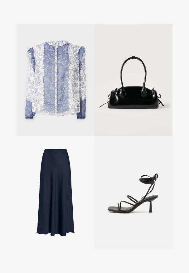 Blauw en wit met bloemenpatroon blouse, doorschijnende stof, knopen aan de voorkant, gerimpelde mouwen, ronde halslijn, textuur met ingewikkelde details.; Navyblauwe satijnen maxirok met een gladde textuur, hoge taille en vloeiende silhouet. Eindigt met een lichte curve aan de zoom.; Zwarte bandjes sandaal met een vierkante neus, verstelbare enkelbandjes en een slanke blokhak. Gemaakt van een glad, duurzaam materiaal.; Kleine zwarte glanzende handtas met twee lange hengsels en zijkant trekkoord details op een effen lichte achtergrond.