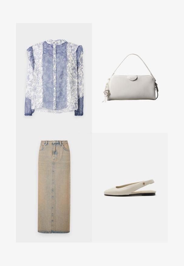 Blaue und weiße Bluse mit Blumenmuster, aus durchscheinendem Stoff, mit Knopfleiste, Rüschensäumen, runder Ausschnitt und strukturiert mit aufwendigen Details.; Ein langer Jeansrock in Hellblau mit geradem Schnitt. Verfügt über fünf Taschen, Gürtelschlaufen und eine vordere Knopfleiste. Geblichtextur über die gesamte Fläche.; cremefarbiger Lederslingback-Flachschuh mit rundem Zehenbereich und kleinem goldfarbenem Emblem am Riemen.; Weiße rechteckige Calvin Klein Handtasche mit einem einzelnen Henkel, minimalistischem Design und dekorativen Quasten mit geometrischem Metallanhänger an der Seite.