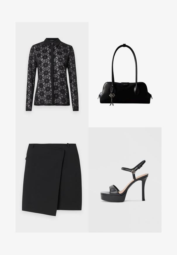 Blouse en dentelle noire avec un col chemise, des manches longues, un motif floral et des boutons sur le devant. Tissu texturé et semi-transparent.; Jupe portefeuille noire avec une texture lisse, dotée d'une fermeture éclair sur le côté et de deux passants de ceinture. Design simple sans motifs ni accents visibles.; Sandales à plateforme noires avec un talon haut stilettos, dotées d'une tige en cuir lisse, d'un bout ouvert et d'une bride de cheville ajustable avec ferrures.; Sac à main en cuir noir Calvin Klein avec de longues anses, une étiquette logo à l'avant et un charme géométrique argenté suspendu à une anse.